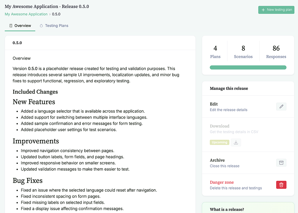Every release lists its test plans in a sortable, filterable table, grouped by project, so you can jump straight into any of them.
